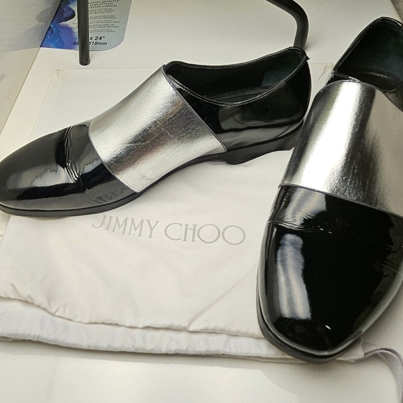JIMMY CHOO sz 40 Men's Black Silver Stripe Classic Leather Shiny Dress Shoes - Picture 9 of 12